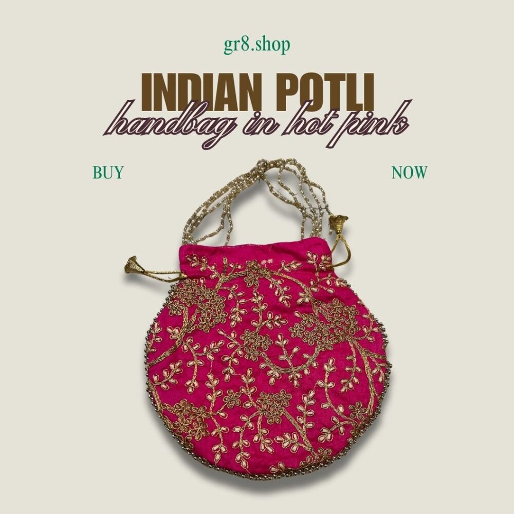 Indian Potli Handbag In Hot Pink With Gold Embroidery & Beaded Handle
